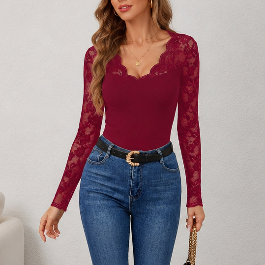 Curvella Ribbed Scallop Lace-Look Trim Fitted Top - Elena Harper