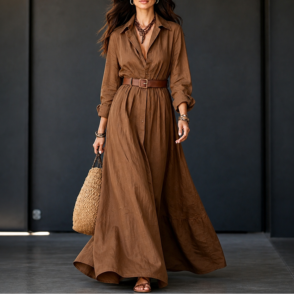 Beltelle – Long-Sleeve Belted Maxi Shirt Dress