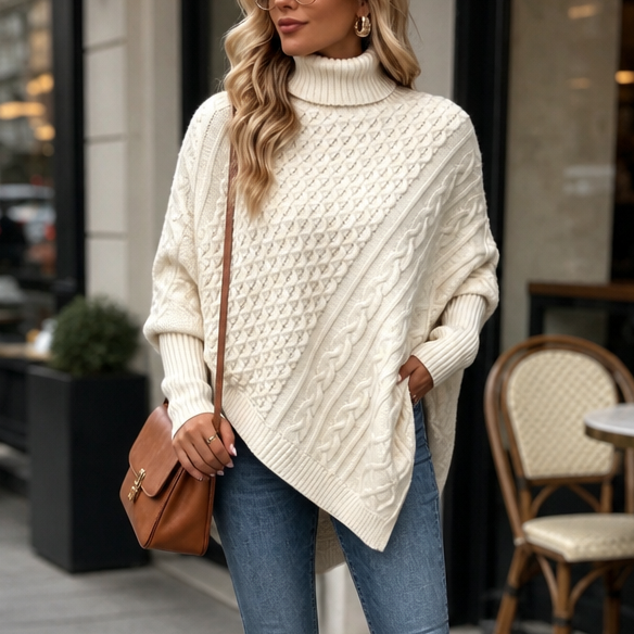 Cabelune Cable-Knit Asymmetric Poncho Sweater - Elena Harper