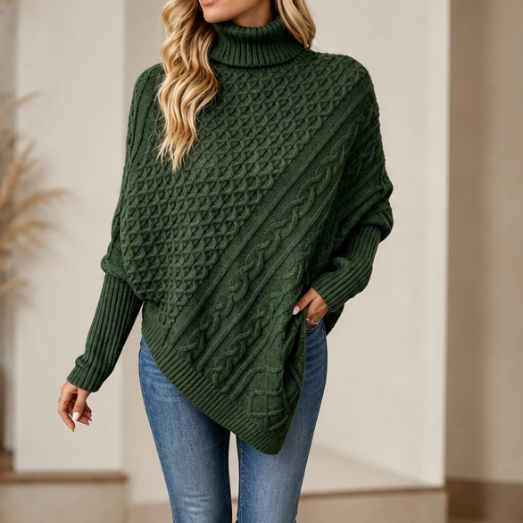 Cable & Cove Cable-Knit Turtleneck Poncho Sweater - Elena Harper