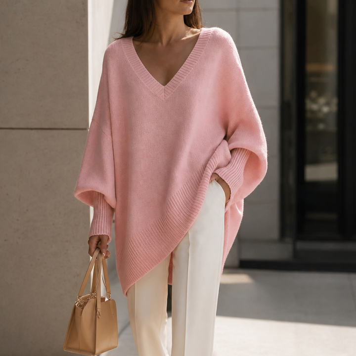 Autumna Oversized V-Neck Puff Sleeve Sweater - Elena Harper