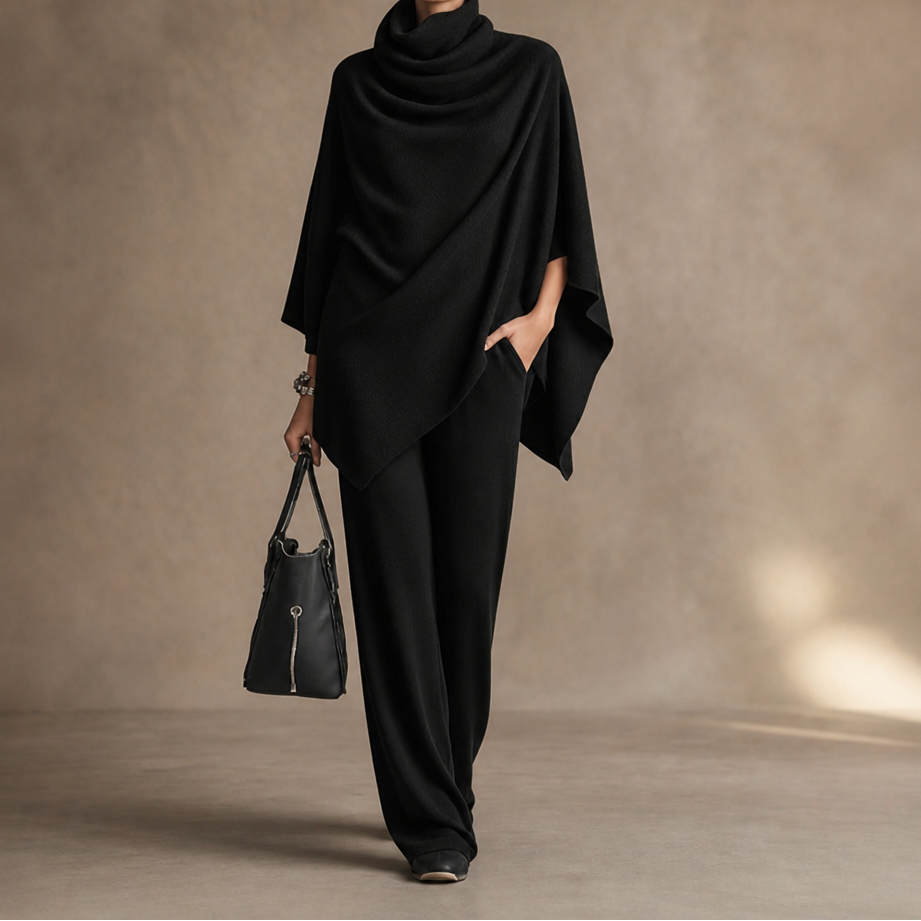 Draveil Cowl-Neck Cape Top And Wide-Leg Pants Set - Elena Harper
