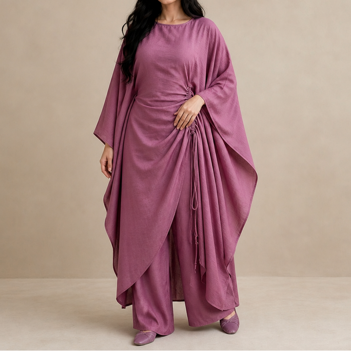 Cinchara Ruched Waist Batwing Kaftan Two-Piece Set - Elena Harper