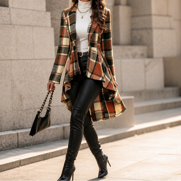 Cinchella Plaid High-Low Peplum Waist Coat - Elena Harper
