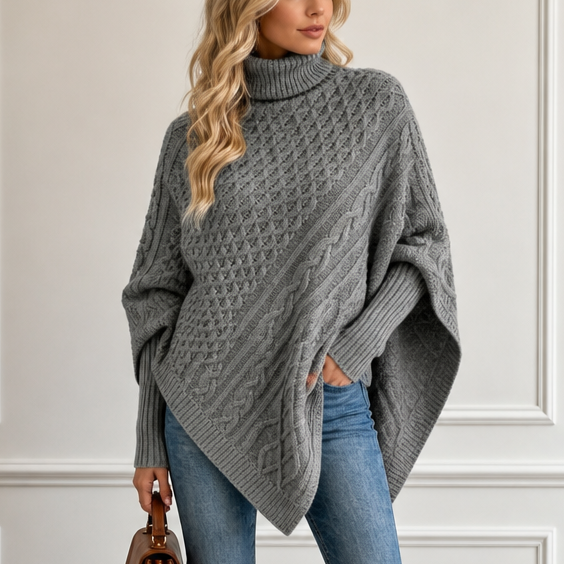 Cablelle Asymmetric Cable-Knit Turtleneck Poncho - Elena Harper