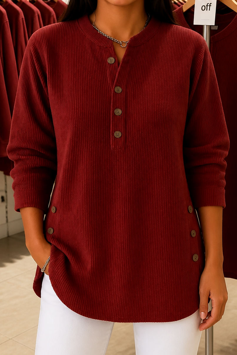 Corduvie Button-Up Corduroy-Look Henley Top - Elena Harper