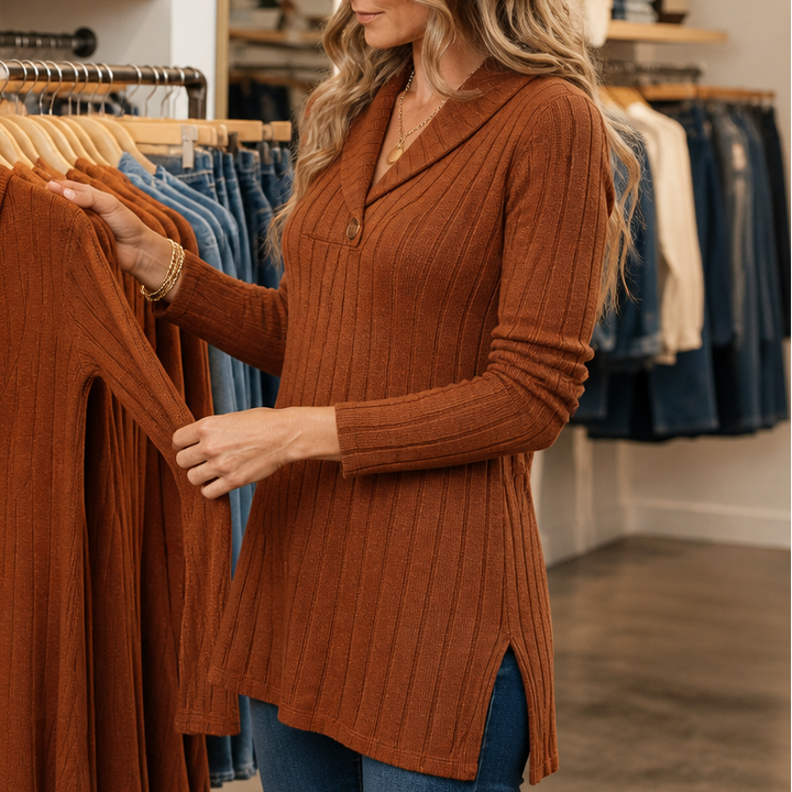 Curvella Ribbed V-Neck Slim Fit Knit Top - Elena Harper