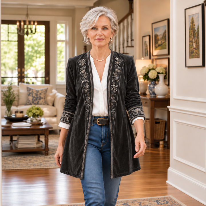 Anastasia Velvet-Look Longline Blazer - Elena Harper