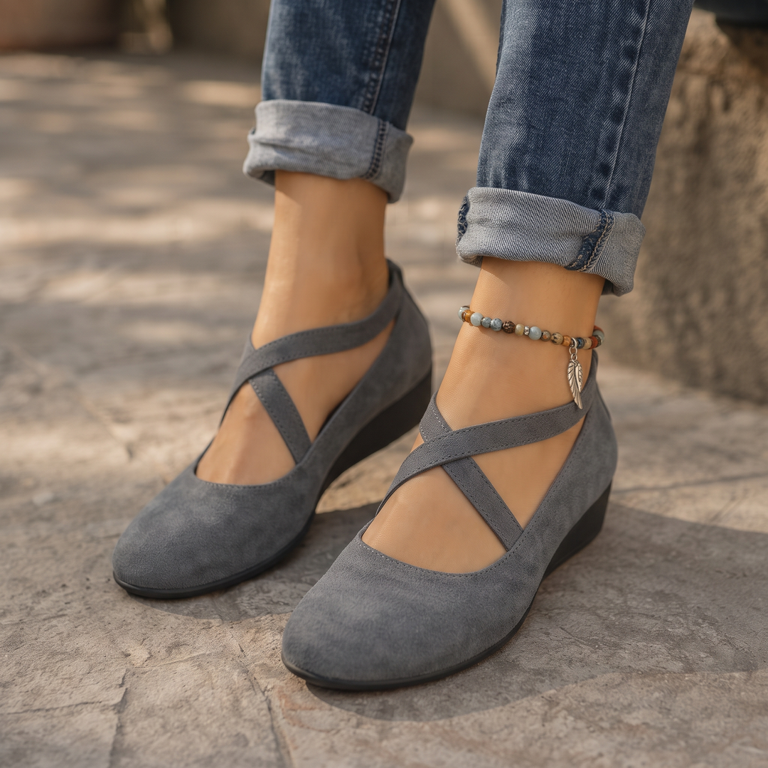 Elara Wedge Crisscross Elastic Strap Wedge Flats - Elena Harper