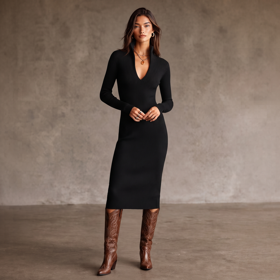 Bellora Turtleneck V-Neck Knit Midi Dress - Elena Harper