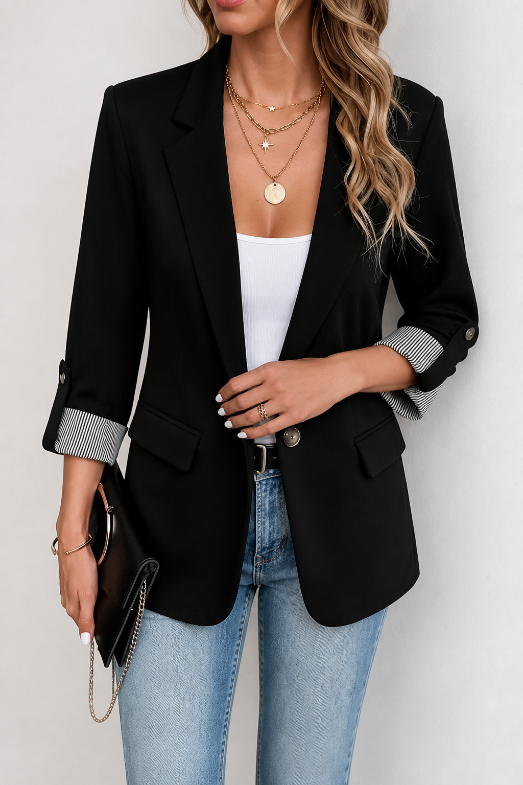 Cuffley Striped-Cuff Roll-Sleeve Tailored Blazer - Elena Harper