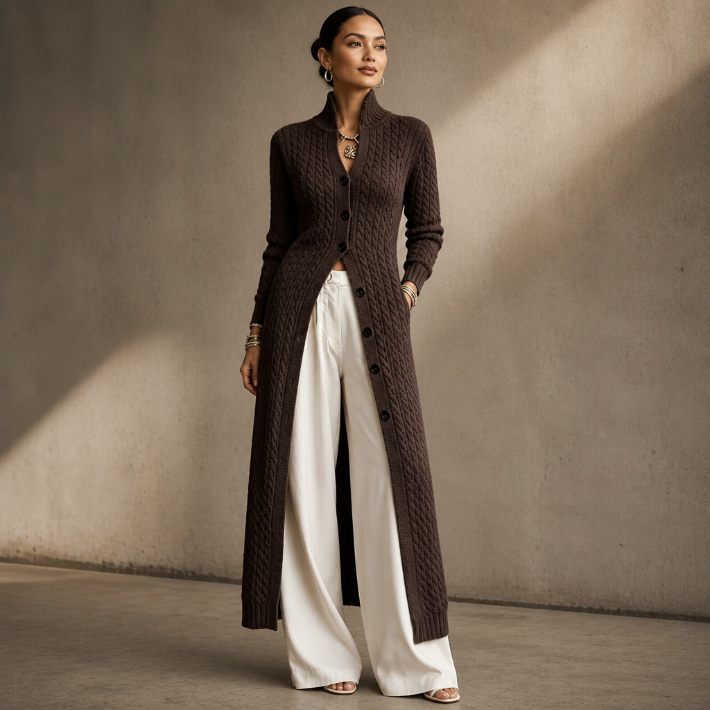 Cablemere High Collar Cable-Knit Duster Cardigan - Elena Harper