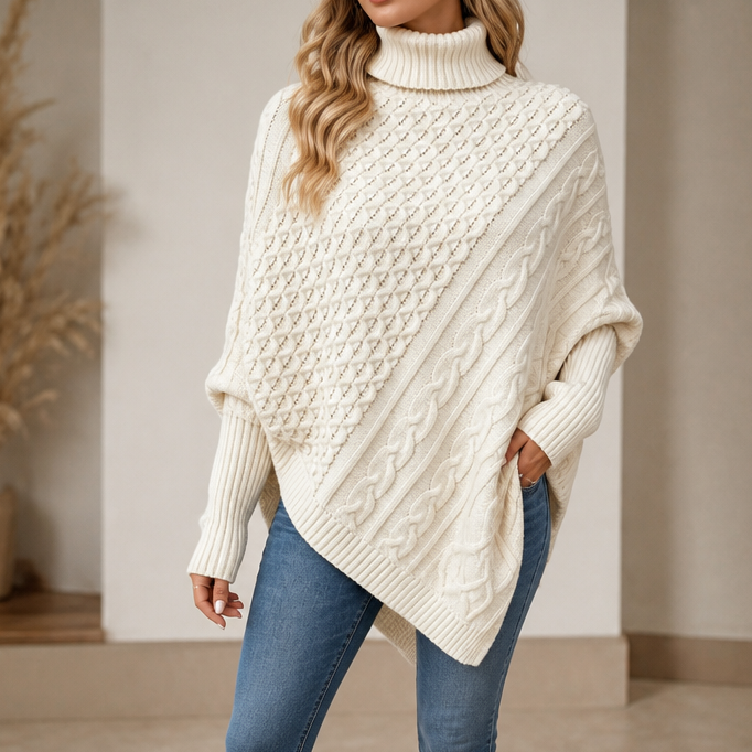 Cable & Cove Cable-Knit Turtleneck Poncho Sweater - Elena Harper