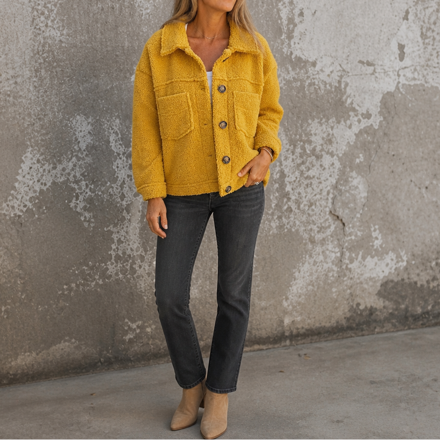 Ariane Curly Faux-Fur Button-Front Jacket - Elena Harper