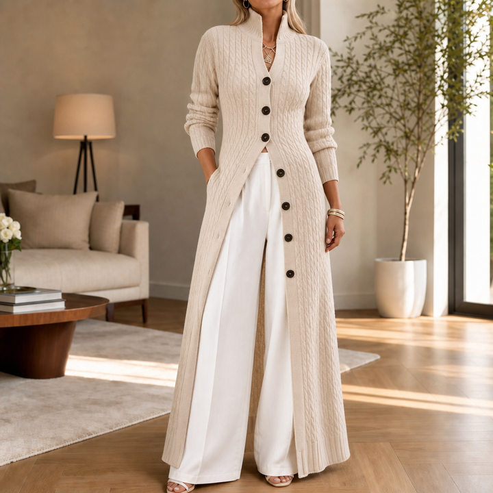 Cablewick Vertical Cable-Knit Open-Front Duster Cardigan - Elena Harper