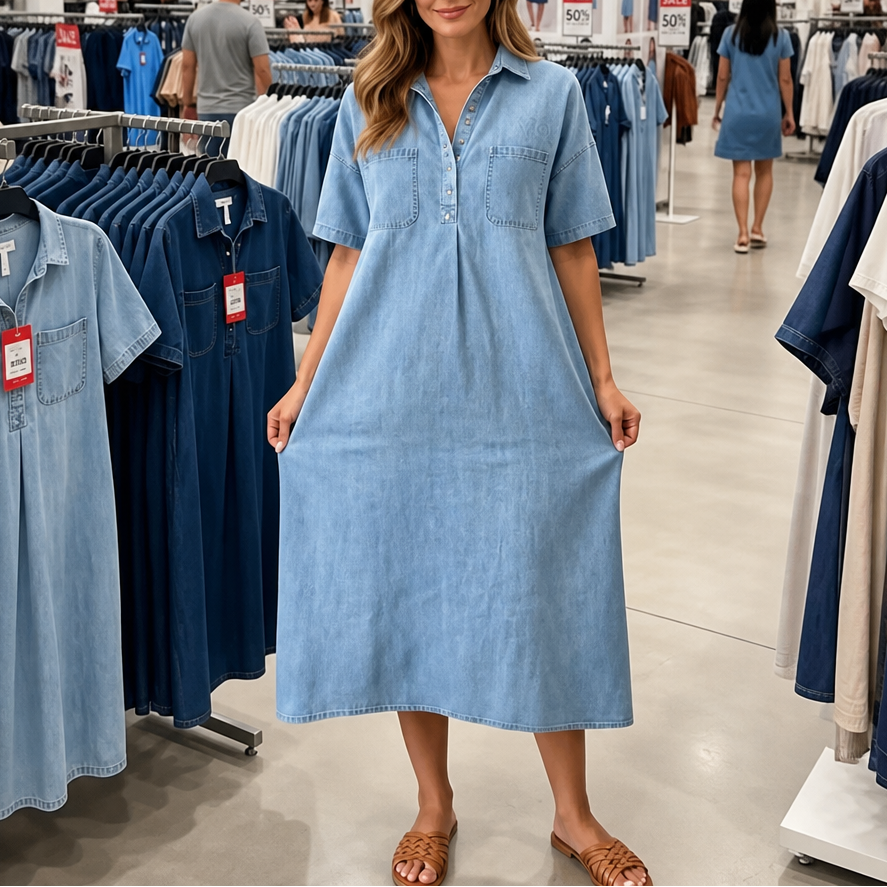 Denimly Pocketed Shirt Collar Denim Midi Dress - Elena Harper
