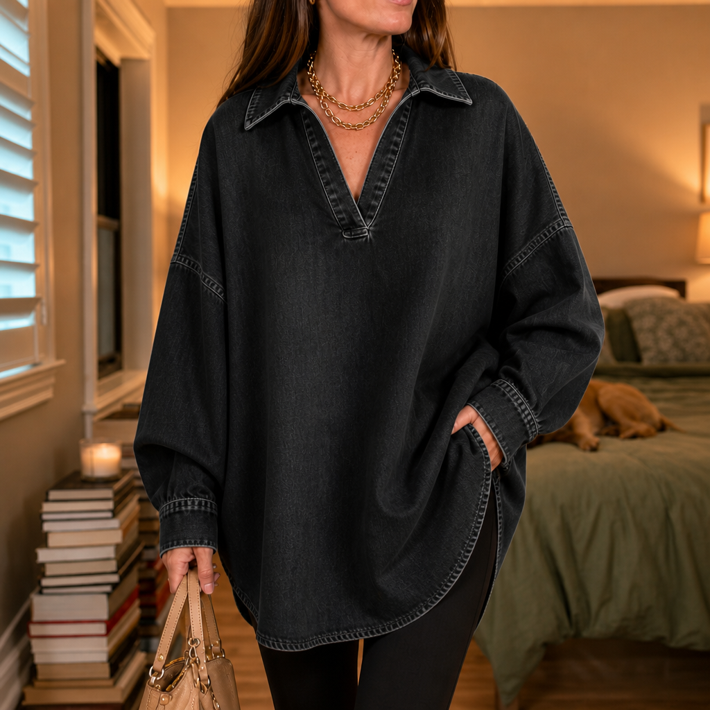 Denimelle Soft-Washed Batwing Denim Tunic - Elena Harper