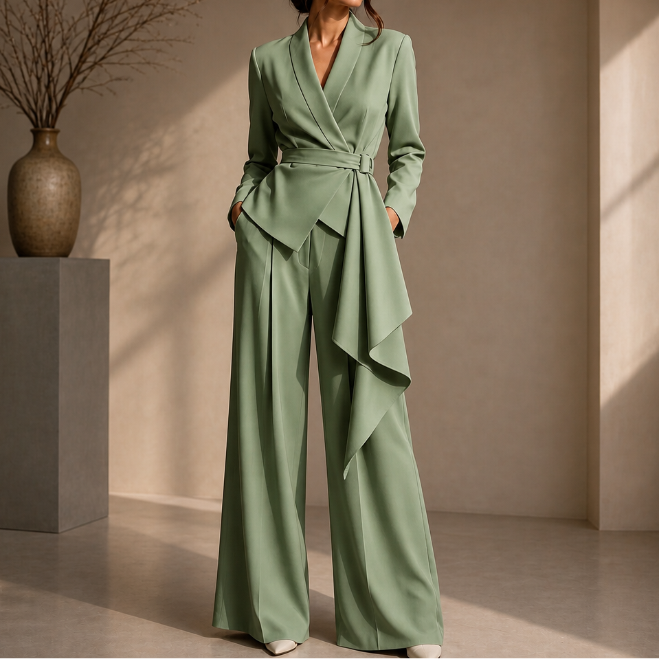 Drapevera Buckle-Belted Wrap Blazer And Wide-Leg Trouser Set - Elena Harper