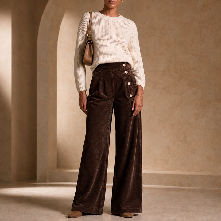 Cordelle Asymmetrical Button-Front Pleated Wide-Leg Pants - Elena Harper