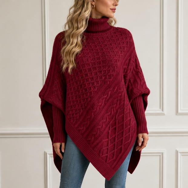 Cablelle Asymmetric Cable-Knit Turtleneck Poncho - Elena Harper
