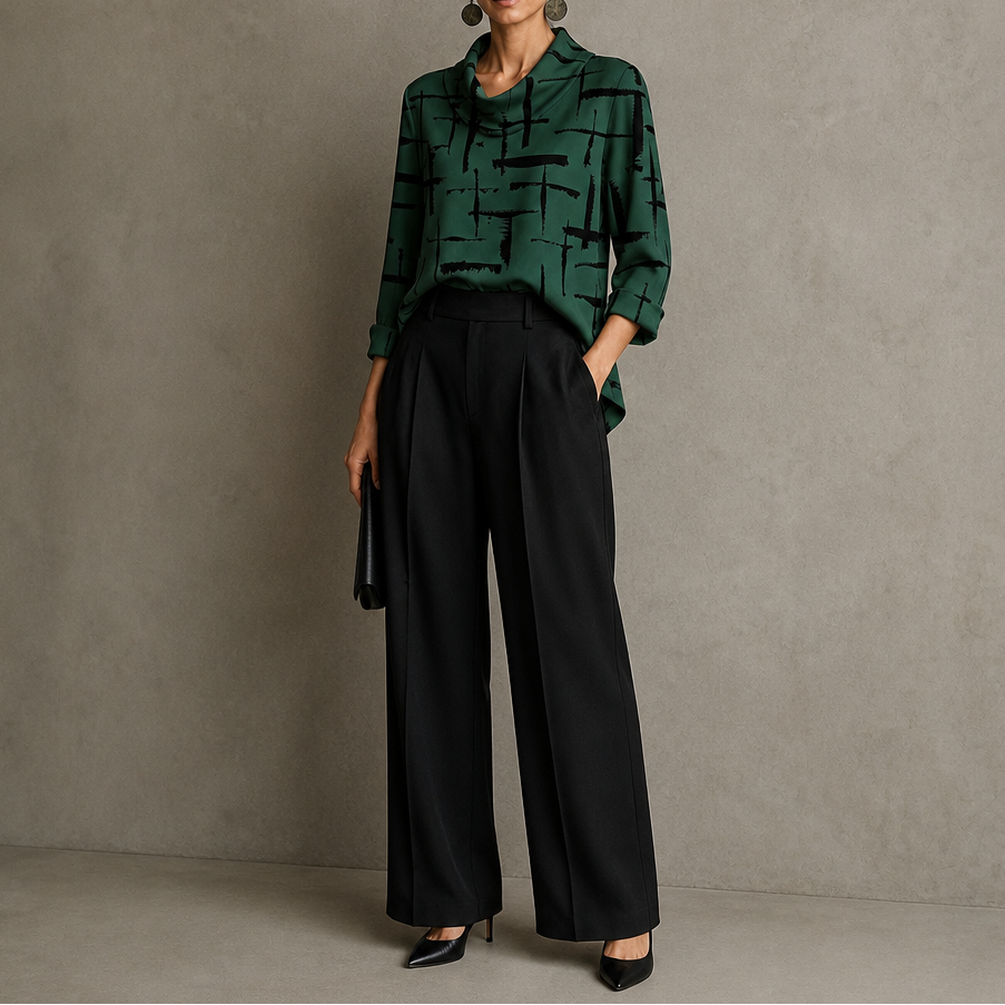 Cowlina Cross-Print Cowl-Neck 3/4-Sleeve Blouse - Elena Harper