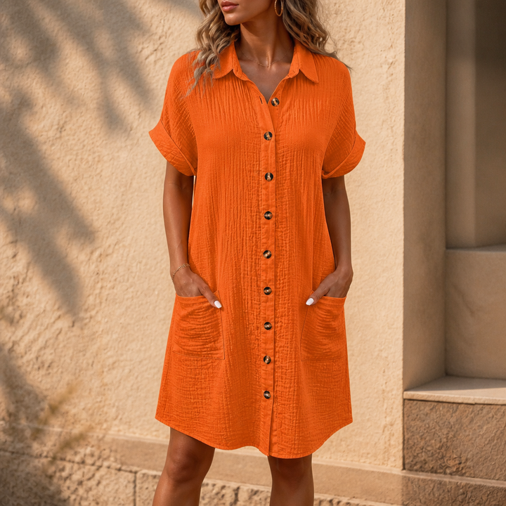Daywear Buttoned Short Sleeve Pocket Shirt Dress - Elena Harper