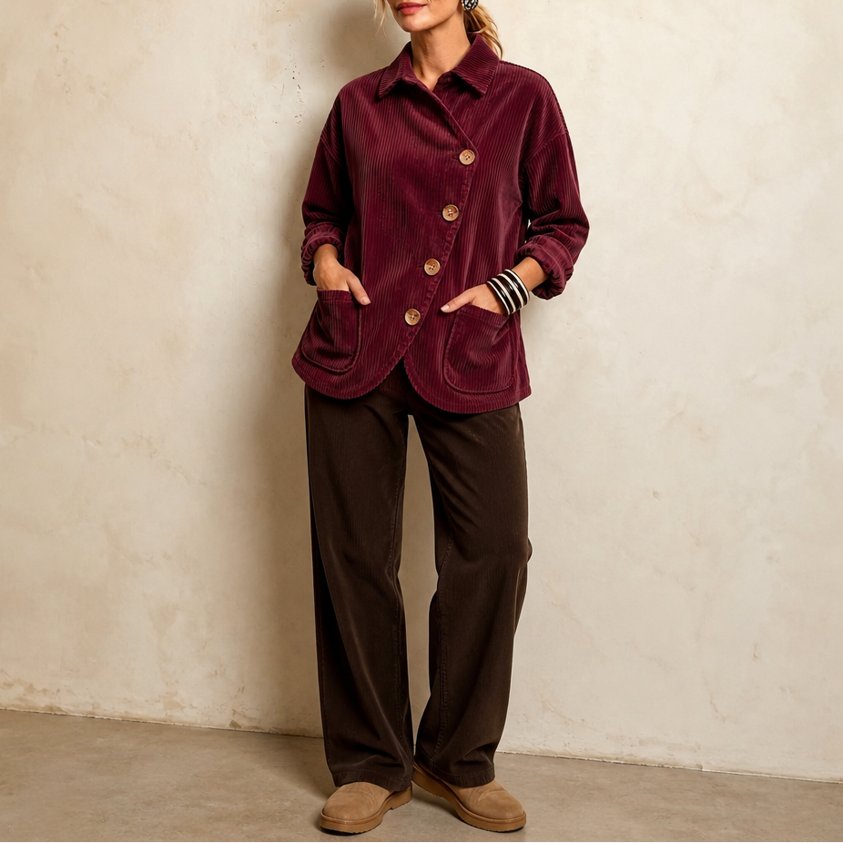 Corfield Diagonal Button Ribbed Corduroy Shacket - Elena Harper
