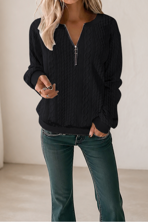 Cabelyn Embossed Cable-Knit Half-Zip Pullover - Elena Harper
