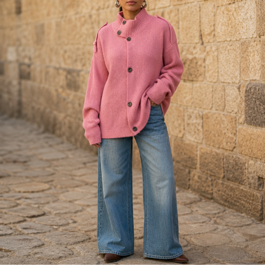 Diavelle Diagonal Button High-Collar Knit Cardigan - Elena Harper