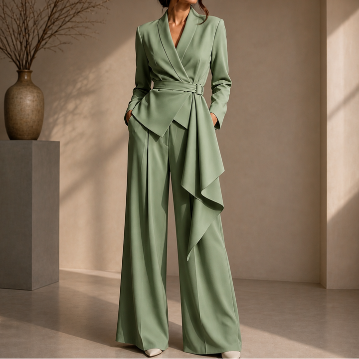 Drapevera Buckle-Belted Wrap Blazer And Wide-Leg Trouser Set - Elena Harper