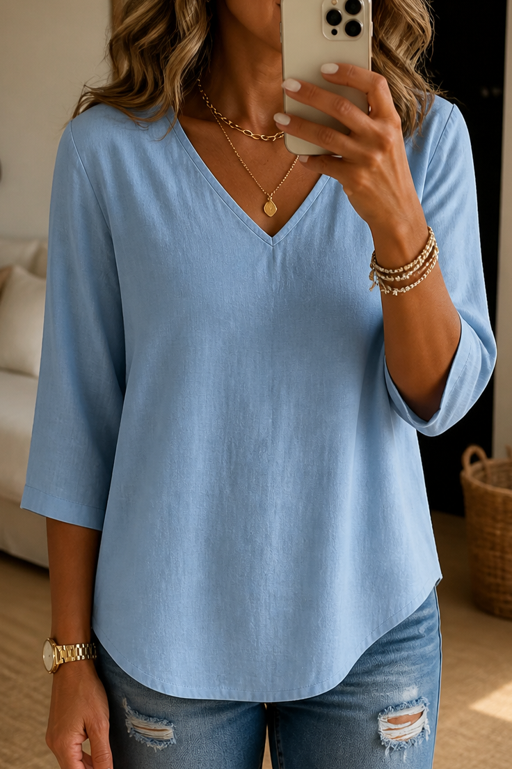 Easa V-Neck Relaxed-Fit Three-Quarter Sleeve Blouse - Elena Harper