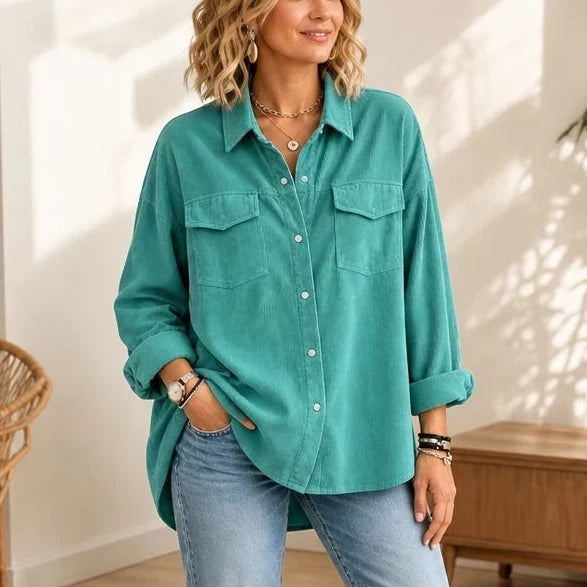 Cordelia Fine-Ribbed Corduroy-Look Button-Front Shirt - Elena Harper