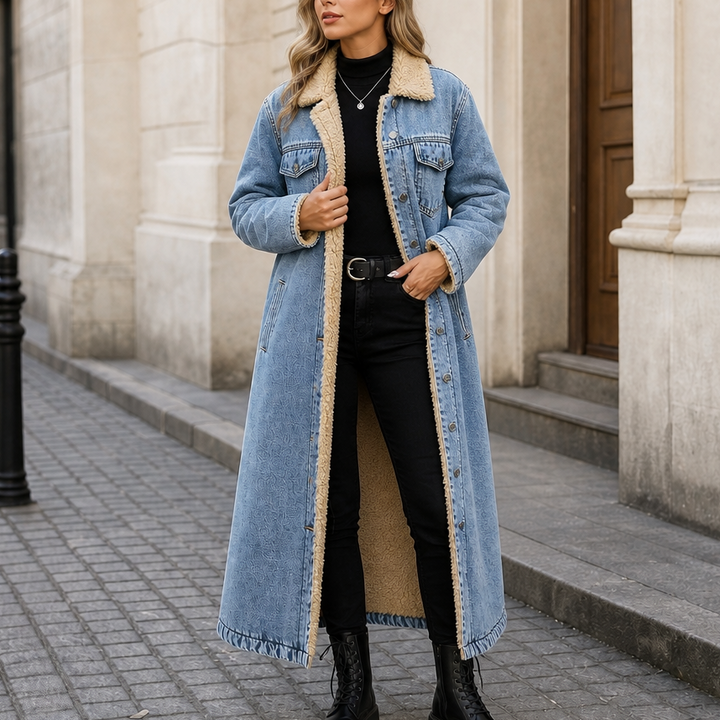 Denora Sherpa-Lined Full-Length Denim Coat - Elena Harper