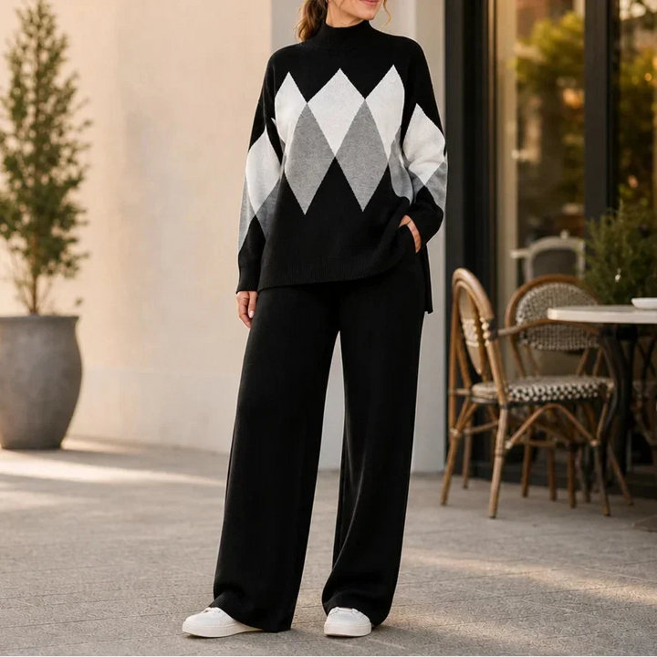 Argyle Ease Argyle Knit Sweater And Wide-Leg Trouser Set - Elena Harper
