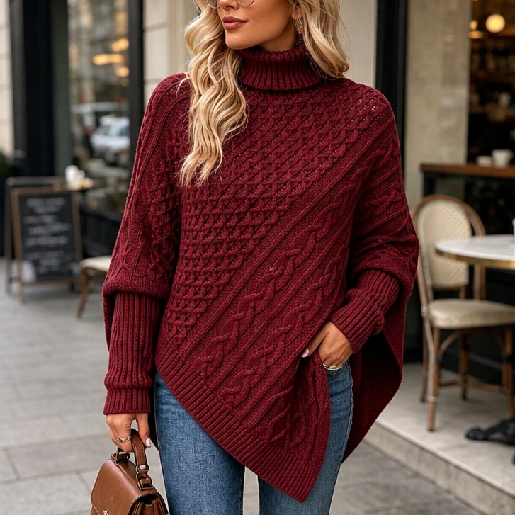 Cabelune Cable-Knit Asymmetric Poncho Sweater - Elena Harper