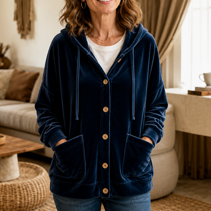 Coziva Hooded Button-Front Velour Cardigan - Elena Harper