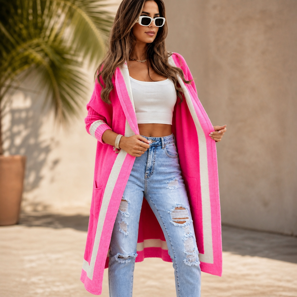 Coshabelle Color-Block Hooded Long-Line Cardigan - Elena Harper