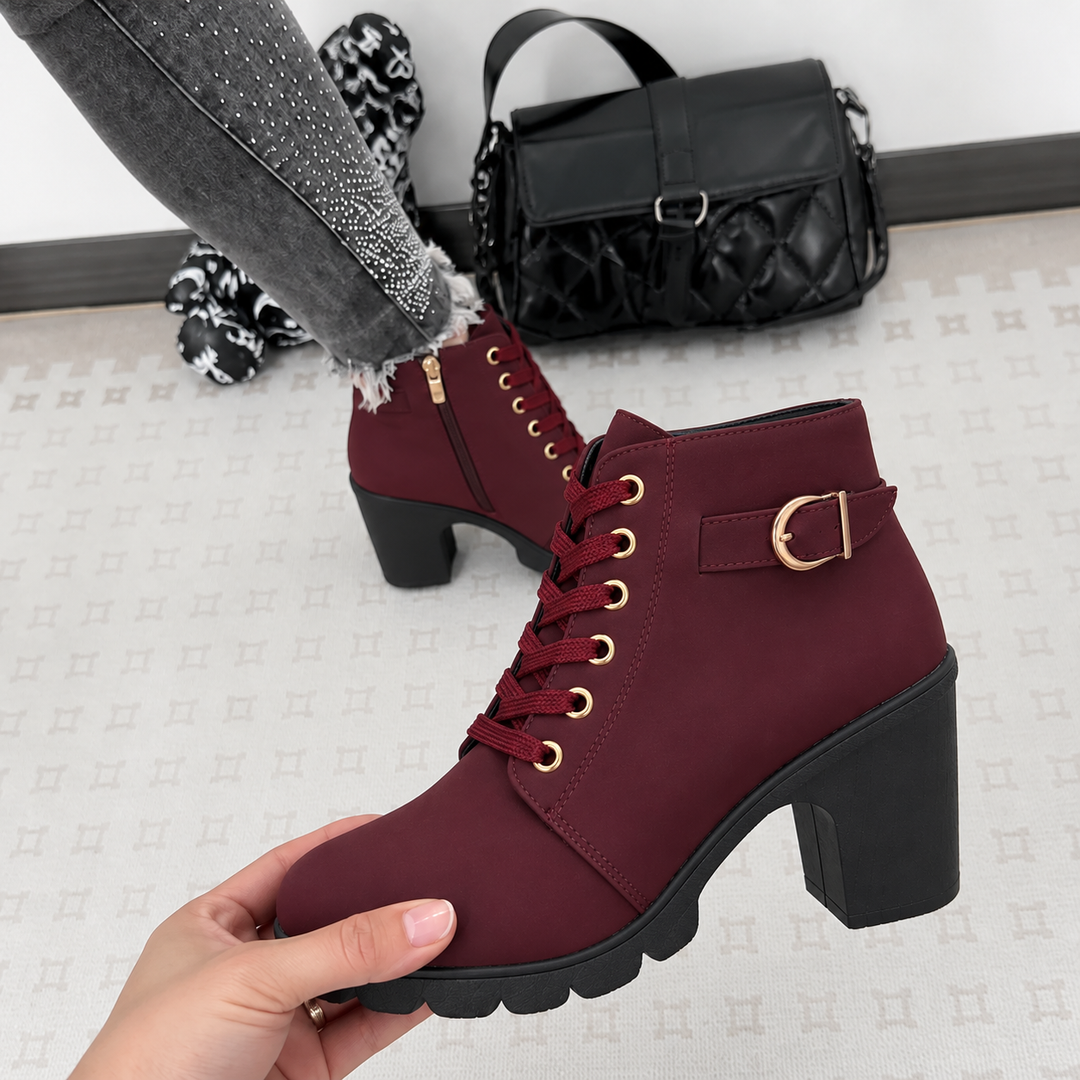 Buckle & Bold Buckle Lace-Up Chunky Heel Ankle Boots - Elena Harper