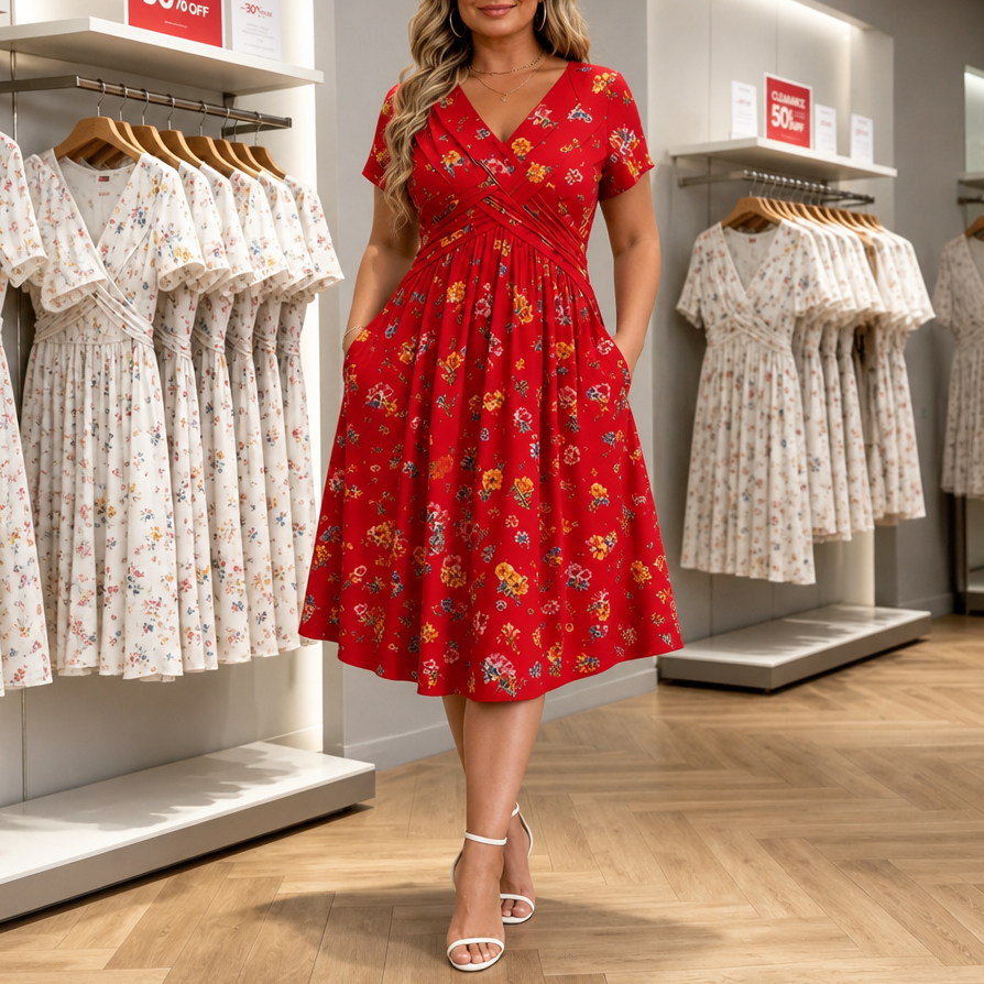 Curvella Twist-Waist Floral V-Neck Midi Dress - Elena Harper