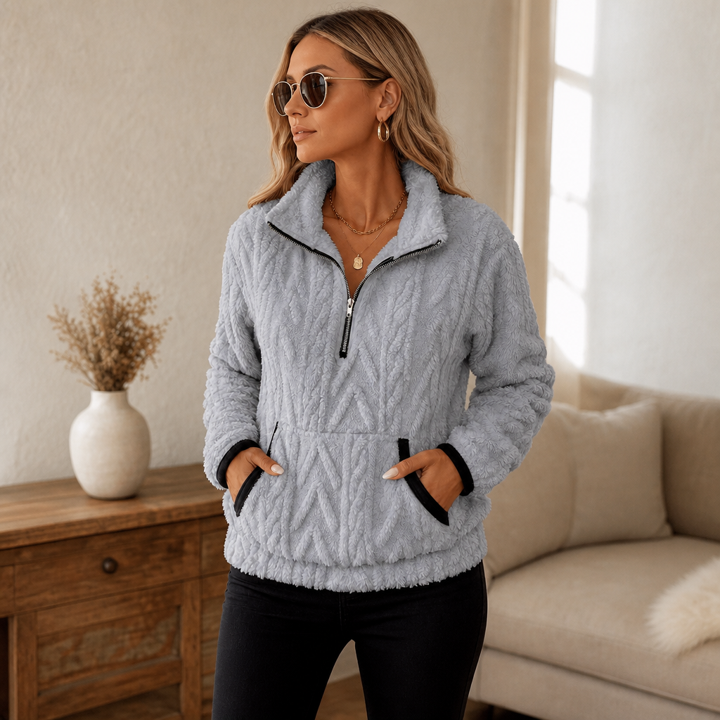 Cloudessa Half-Zip Fuzzy Pullover With Kangaroo Pocket - Elena Harper