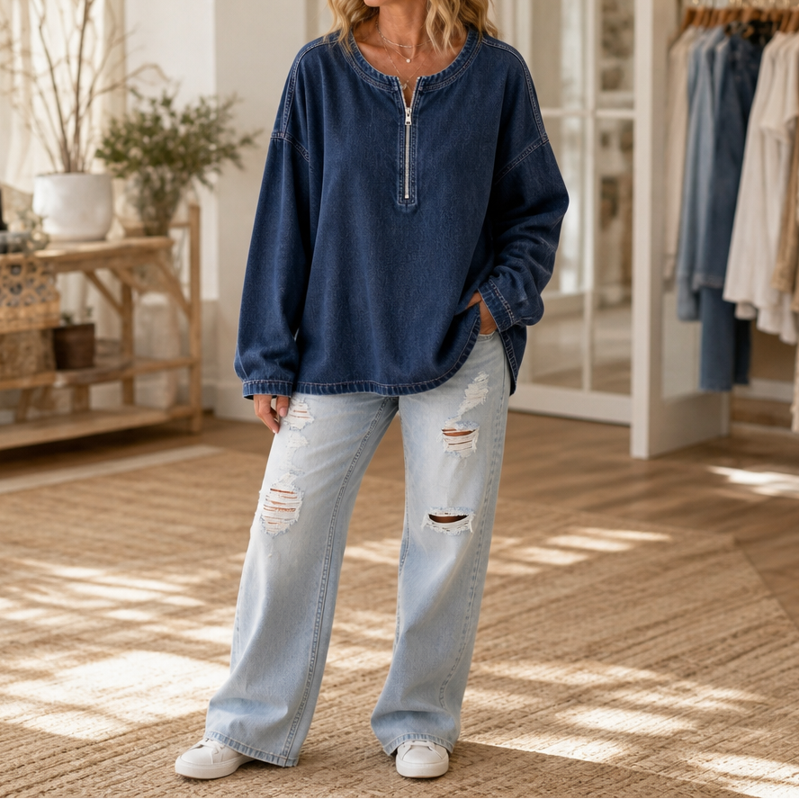 Deniva Denim-Textured Half-Zip Pullover - Elena Harper