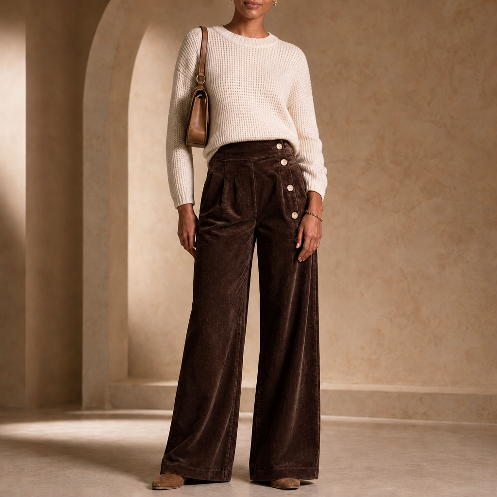 Cordelle – Asymmetrical Button-Front Pleated Wide-Leg Pants