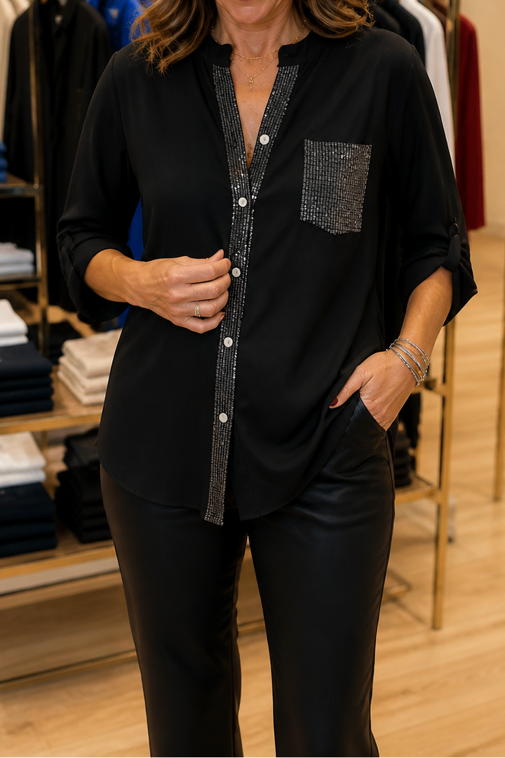 Duskglint Sequin Pocket Panel Button-Down Top - Elena Harper