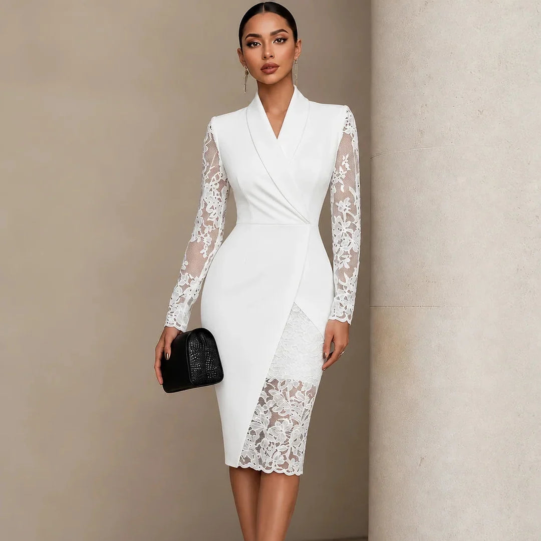 Belleform Lace-Sleeve Blazer-Wrap Asymmetric Hem Dress - Elena Harper