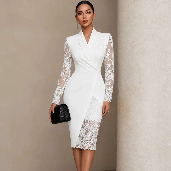 Belleform Lace-Sleeve Blazer-Wrap Asymmetric Hem Dress - Elena Harper