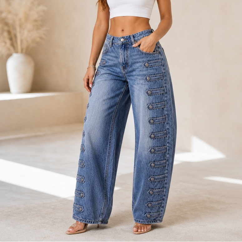 Buckleline Side Buckle Wide-Leg Jeans - Elena Harper