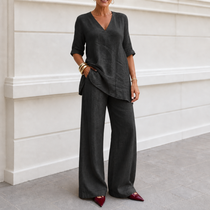 Draperly V-Neck Linen-Look Two-Piece Set - Elena Harper