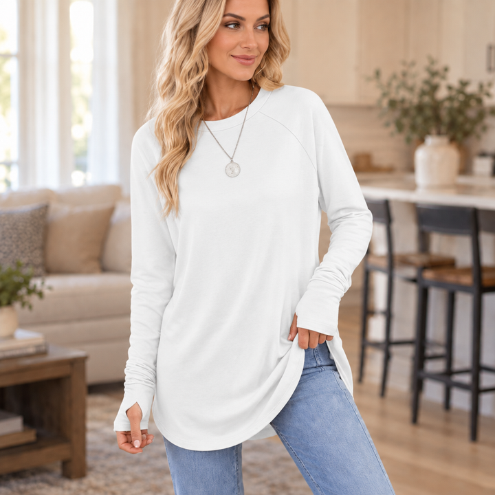 Cozelle Thumbhole Cuff Side-Split Knit Top - Elena Harper