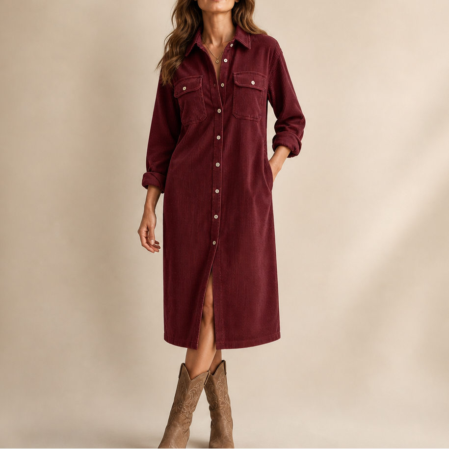 Corvella Ribbed Corduroy Button-Front Shirt Dress - Elena Harper