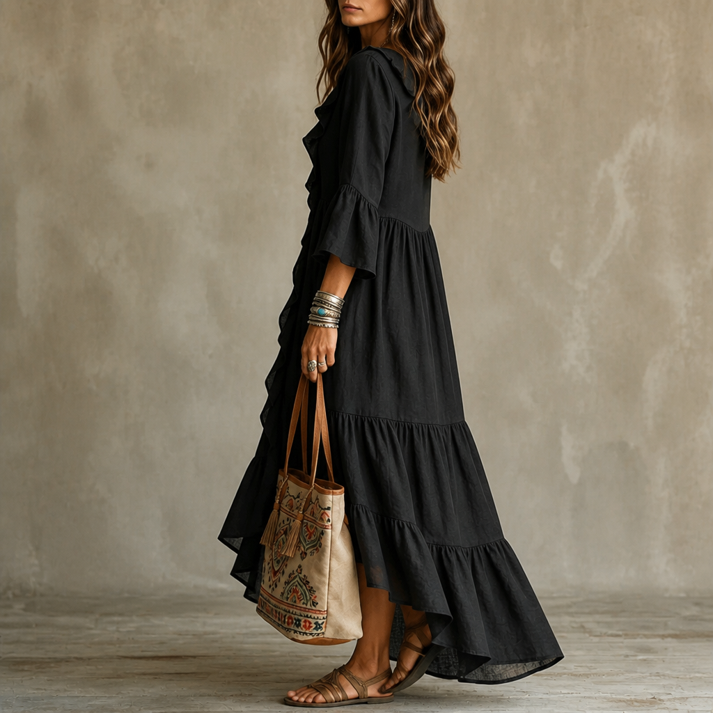 Cascada High-Low Ruffle V-Neck Bell Sleeve Dress - Elena Harper
